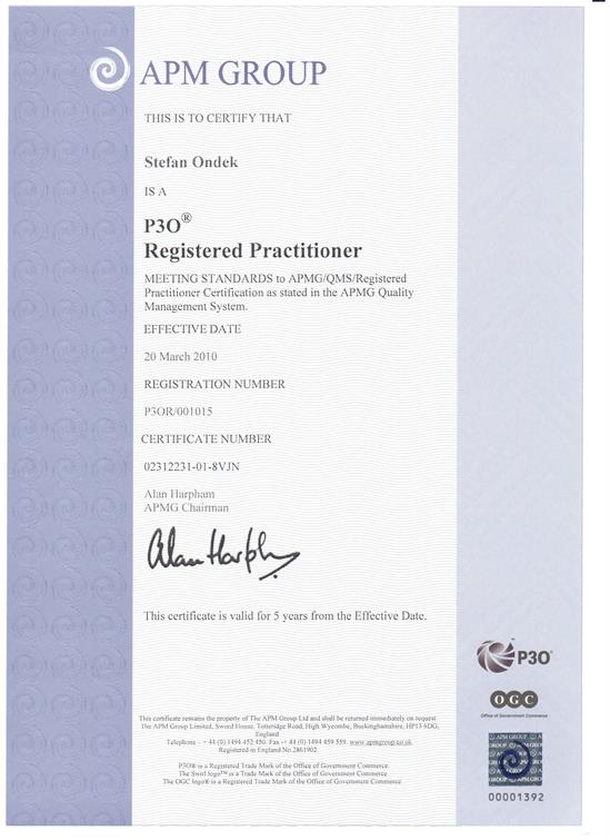 certifikát P3O - Portfolio, Programme & Project Offices - Practitioner